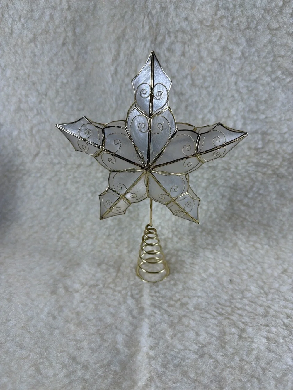 Vintage Holiday Time White and Gold Capiz Star Tree Topper